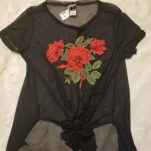 Black Sheer Rose Tie Front Top Size M